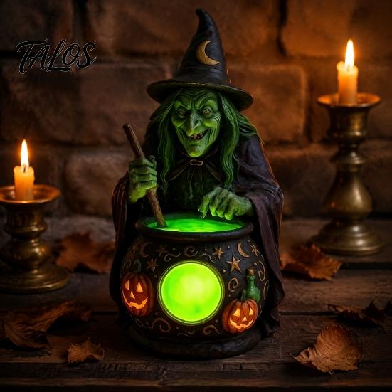 Figuritas Decorativas Detalladas Bruja de Halloween Caldero Lámpara, Adorno de Estatua de Resina, Luz de Mesa Única Espeluznante para Decoración de Escritorio