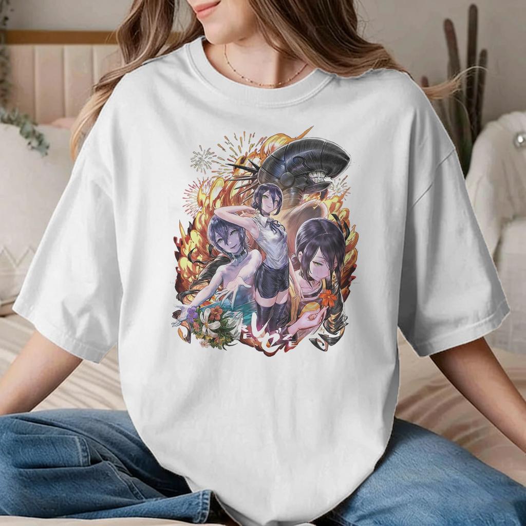 Vintage Chainsawunisexs Anime Tshirts Unisex Unisex Crew Neck Cotton T Shirt Reze Short Sleeve Tees Graphic Printed Clothing