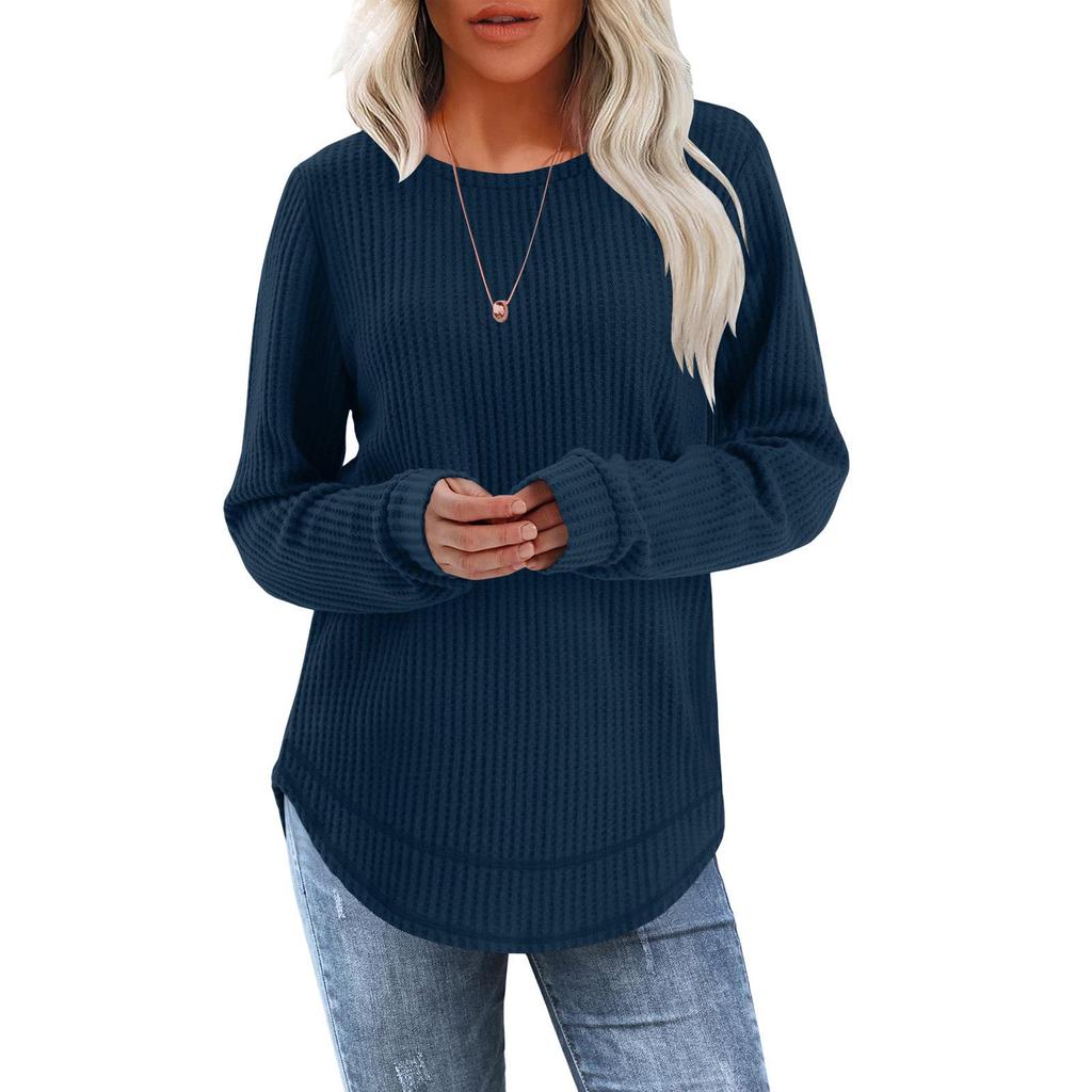 2025 European Style Women's Casual Loose Solid Long Sleeve Waffle Knit Round Neck Top