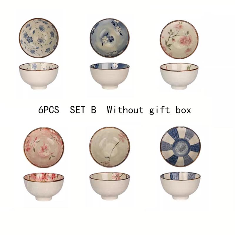6pcs Japanese Ceramic Cereal Bowl Set Dessert Salad Snack Bowl Kitchen Noodle Bowl Tableware Set Microwave Safe Gift Box