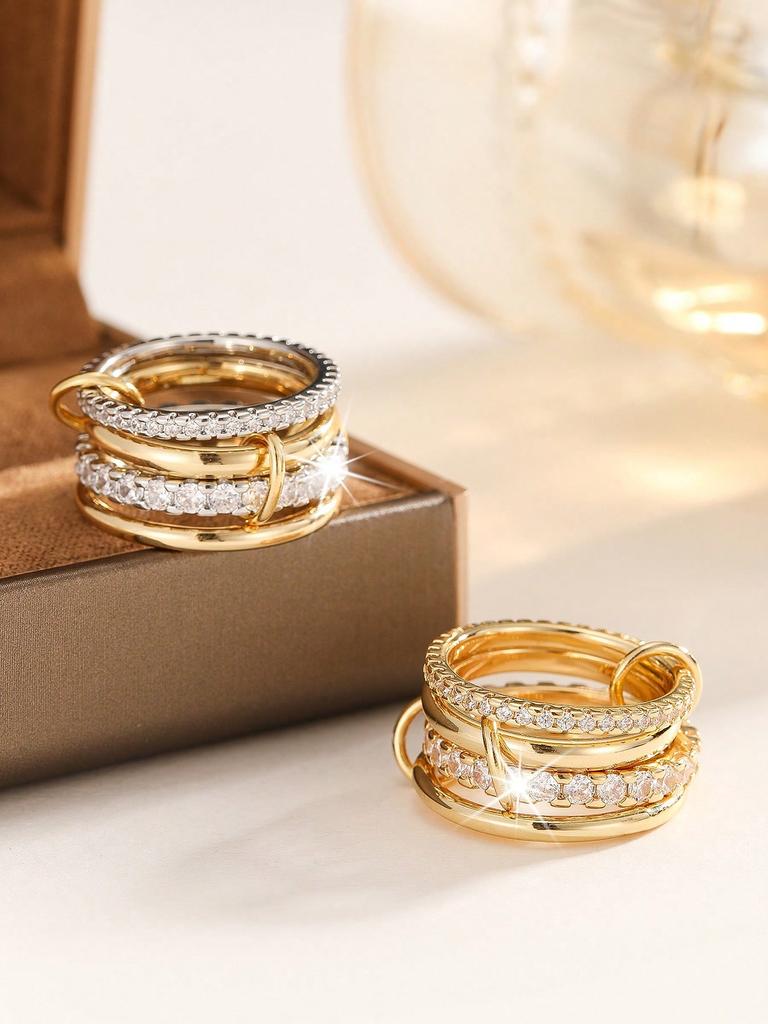 4pcs Glamorous Personalized Cubic Zirconia Multi-Layer Adjustable Copper Alloy Colorful Rings