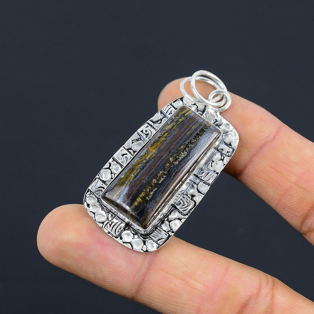 Daughters Day Deal Iron Tiger Eye Gemstone Boho Pendant Jewelry Sterling Silver
