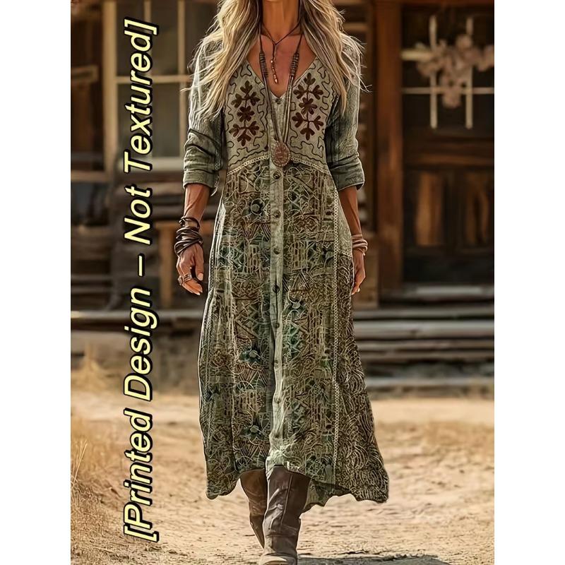 Creative Tie-dye Printing Women's New V-neck Long-sleeved Dress Medium and Long Dress