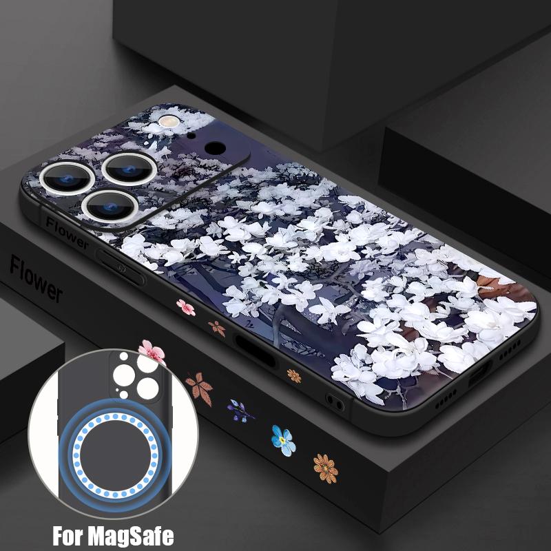 

INS Style Retro Pink White Flowers Pattern Case For iPhone 16 Pro Max Magnetic For Magsafe Soft Cover For iPhone 17 15 14 13 Pro Max 17E 16E iPhone 16e/17e чёрный
