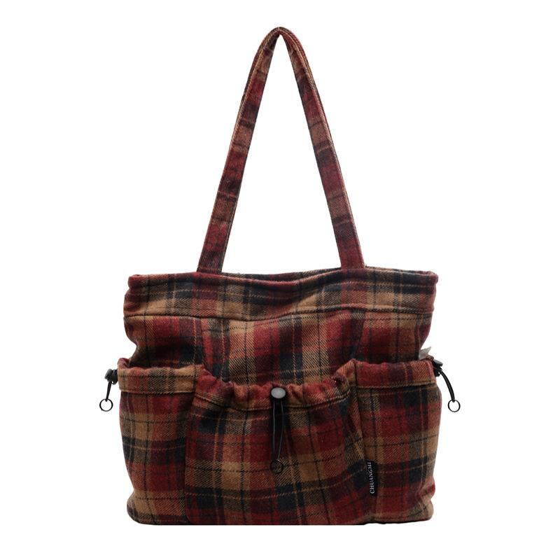 Woolen Plaid Large Bag Women'S Fashion Large Capacity Shoulder Bag Leisure Student Commuter Tote Bag