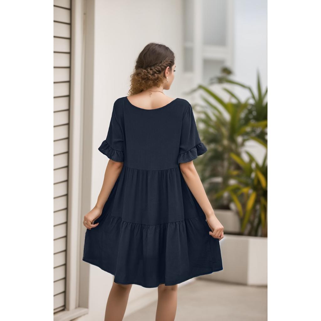 Summer Women's Casual V-Neck Ruffled Babydoll Dress, European American Style Fashion Ladies Dress