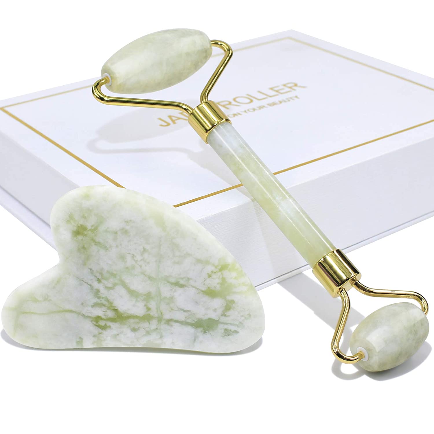 

Jade Roller & Gua Sha Set Face Roller і Gua Sha Facial Tools для щоденного догляду за шкірою та набряками білий