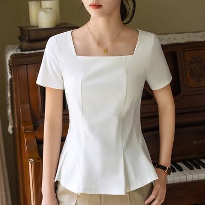 Short-sleeved T-shirt for Women In Summer New Women's Clothing Retro Square Collar Solid Color Cotton T-shirt French Umbrella Waist Top