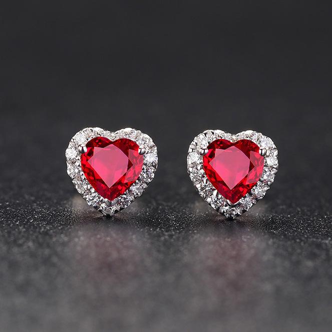 BELLA BOX New Korean Version Sweet Heart-shaped Ruby Earrings Female Temperament Love Color Treasure Earrings For Her Girlfriend's Birthday Gift