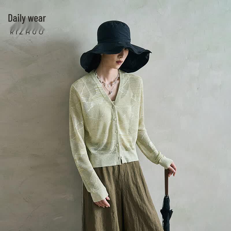 Rizhuo Women s V-Neck Hollow Knit Cardigan M