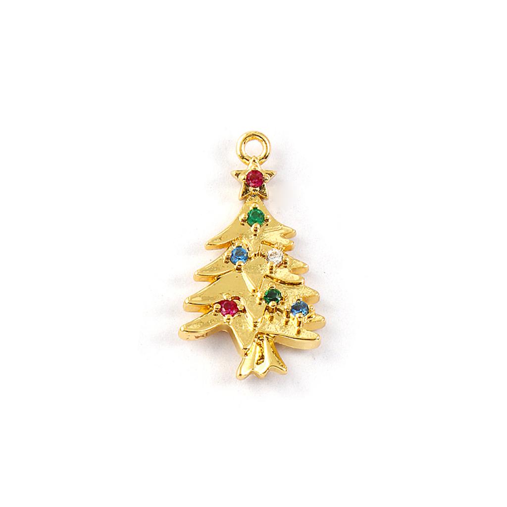 2 PCs Brass & Cubic Zirconia Charms 18K Gold Plated Christmas Tree Micro Pave Pendants For DIY Necklace Bracelet Jewelry Making