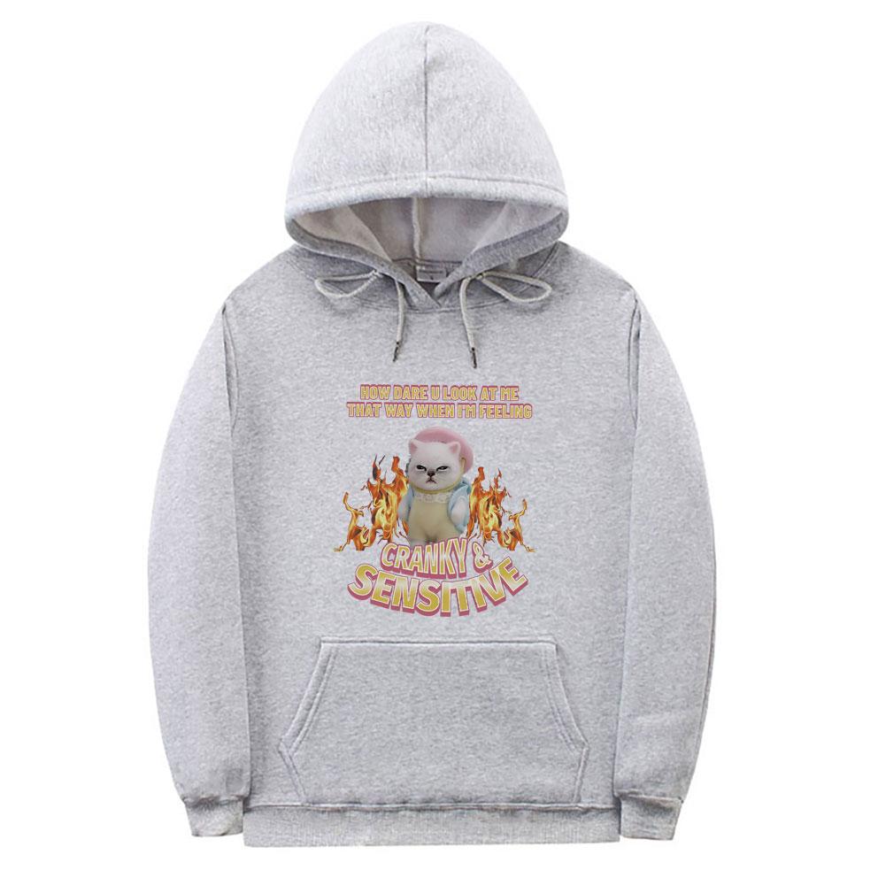 How Dare U Look At Me That Way When I'm Feeling Cranky Sensitive Kawaii Cat Funny Meme Hoodie Unisex Casual Cotton Pullover