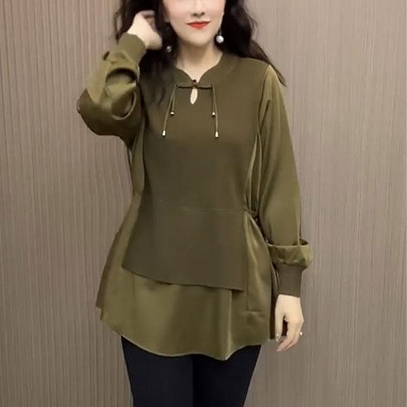 Fake Two Pieces Patchwork Loose Shirt Women's Clothing Casual V-Neck Spring Autumn Fashion Vintage Chinese Disc Buckle Blouse