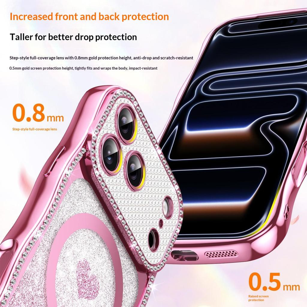 For iPhone 17 Pro Magnetic Case Electroplated Wave Frame Rhinestone Decor TPU PC Phone Cover with Love Glitter Paper