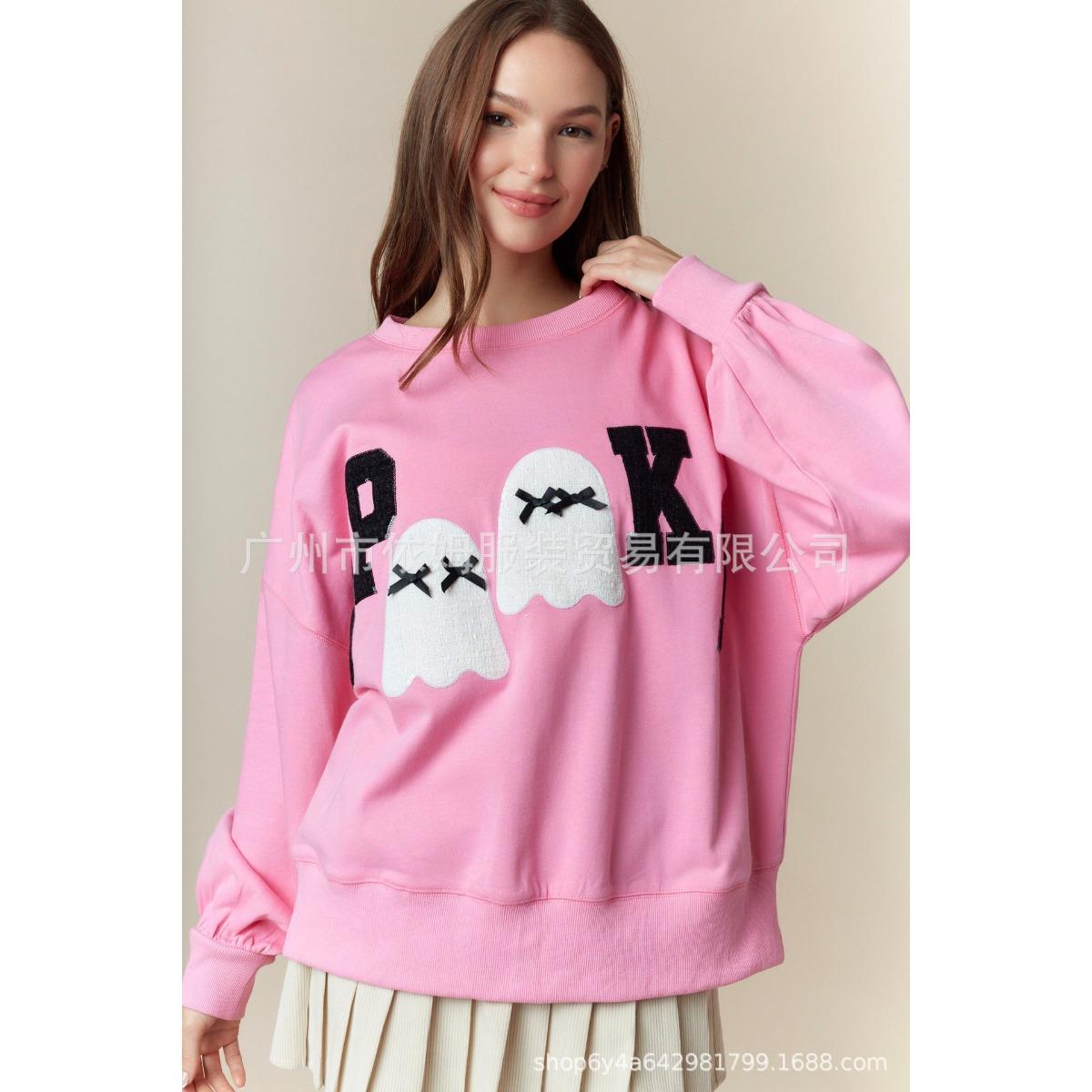 

2025 Осень Новый Женский Хэллоуин Вышитый Пуловер Свитшот С Круглым Вырезом Длинный Рукав Повседневный Топ XXL розовый