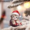 Cute 2D Christmas Cat Pendant Acrylic Decorative Christmas Tree Decorations Flat Cat Car Pendant Cat Xmas Hat Ornament Holiday