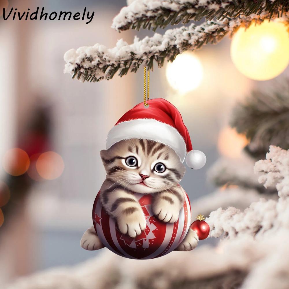 Cute 2D Christmas Cat Pendant Acrylic Decorative Christmas Tree Decorations Flat Cat Car Pendant Cat Xmas Hat Ornament Holiday