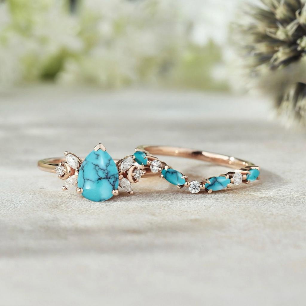 Luxury Bohemian Fashion Water Drop Ring, Light Luxury Diamond-set Turquoise Personalized Design Ring Wholesale