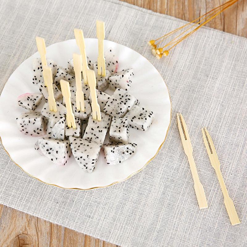 80Pcs Disposable Bamboo Fork Two-Tooth Fruit Fork Catering Household Fruit Fork one size