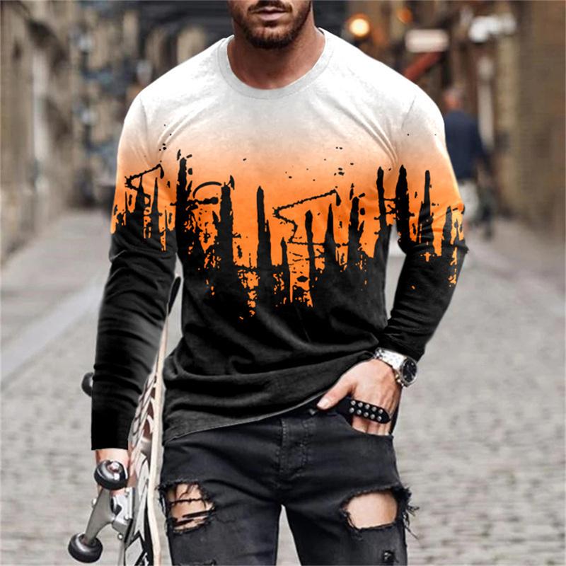 3D Printed Retro Graffiti T Shirt For Men Gradient Pattern Tees Spring Autumn Casual Long Sleeves O-Neck Tops Loose T-Shirts