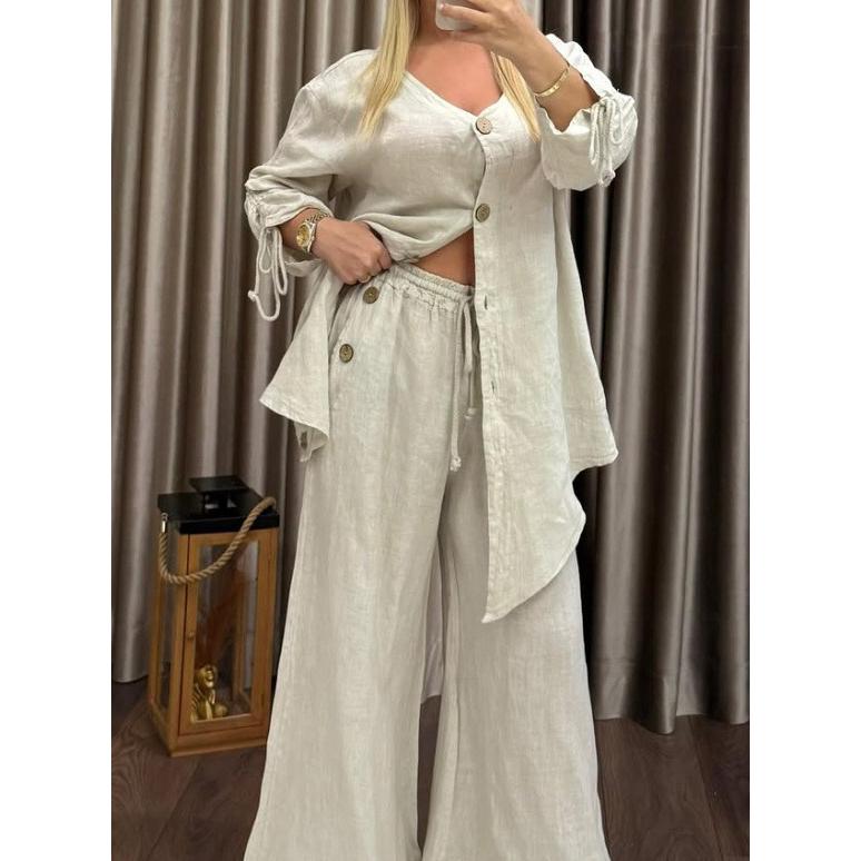 Cotton Linen Irregular Button Shirt Set Women Spring Autumn Casual Loose Retro V-Neck Cardigan + Wide-leg Long Pants 2piece Set