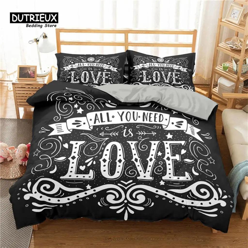 

Love Words Bed Cover Kit Romantic Style Couple Sleep Bedding Kit Microfiber 3D Design Love Heart Comforter Cover Single Size Full Size Full Queen EU Single 135x200cm