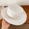 Women Sun Hat Breathable Wide Brim Flat Top French Style Straw Woven Hat with Ribbon Faux Pearls Decoration Summer Outdoor Hat