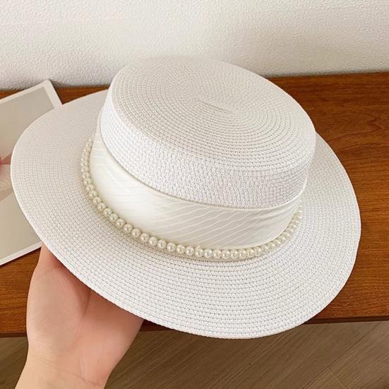 Women Sun Hat Breathable Wide Brim Flat Top French Style Straw Woven Hat with Ribbon Faux Pearls Decoration Summer Outdoor Hat