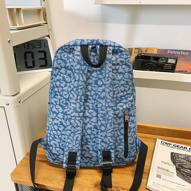 Leopard Print Denim Backpack Student Schoolbag Women Lightweight Backpack