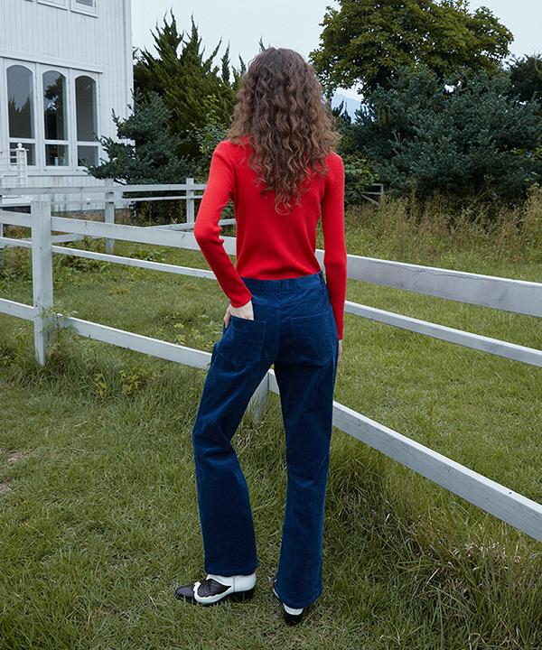 GREENBUTTER Corduroy Semi Boot-Cut Pants (Navy)
