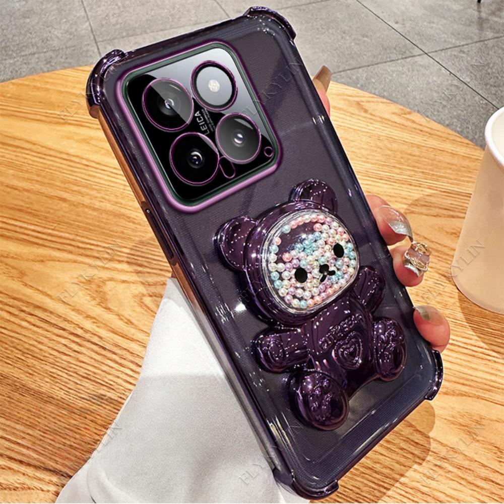 FLYKYLIN Coque de téléphone mignonne avec support ours plaqué pour Xiaomi Redmi 15C 14C 13 13C Housse transparente avec support