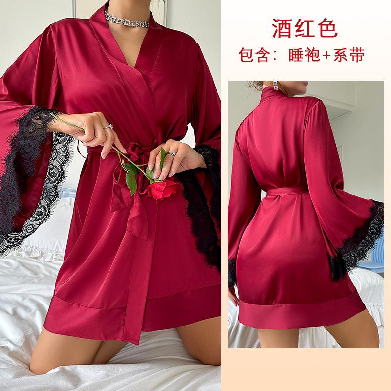 Sexy Nightgown Medium Bathrobe Sex Pajamas Women's Long-sleeved Women's Satin Clothing