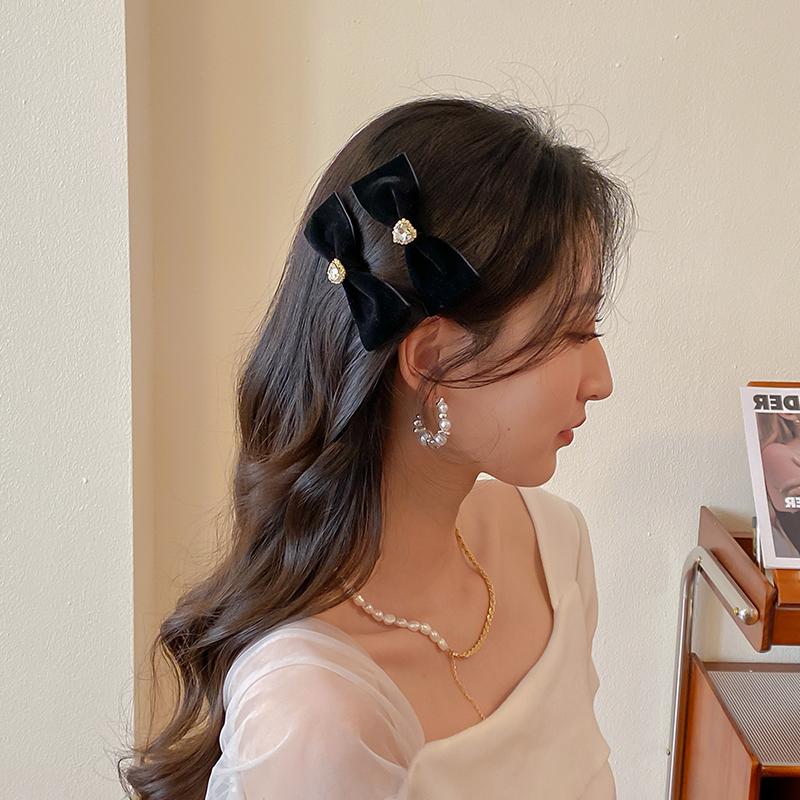 2Pcs Love Rhinestone Hairpin Girls Cute Bownot Hair Clips Retro Back Head Side Bangs Hairpin Women's Hair Accessories