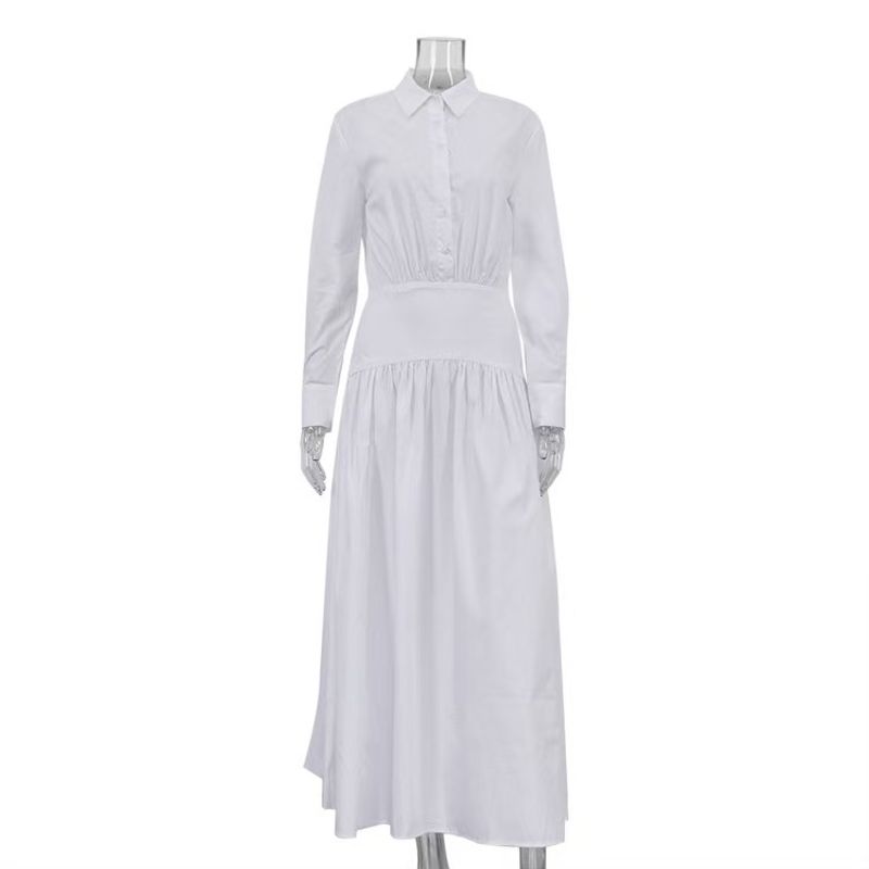 

Western Style New Fashion Solid Lapel Pleat Shirts Dress Long dress Pleated Shirt Dress White S