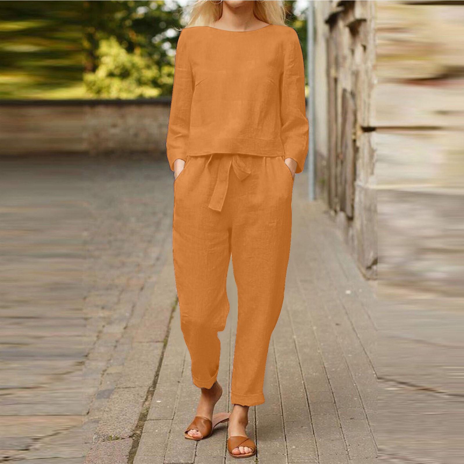

Женские летние комплекты из 2 предметов: топ на пуговицах с длинными рукавами, широкие брюки, комплект с карманами XXXL оранжевый