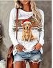 Women Long Sleeve T‑Shirt Christmas Rabbit With Scarf Winter Snow Scene Print Crew Neck Loose Casual Holiday Tops