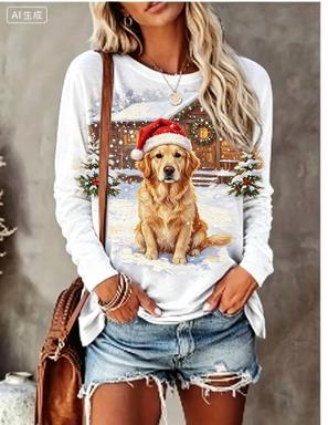 Women Long Sleeve T‑Shirt Christmas Rabbit With Scarf Winter Snow Scene Print Crew Neck Loose Casual Holiday Tops