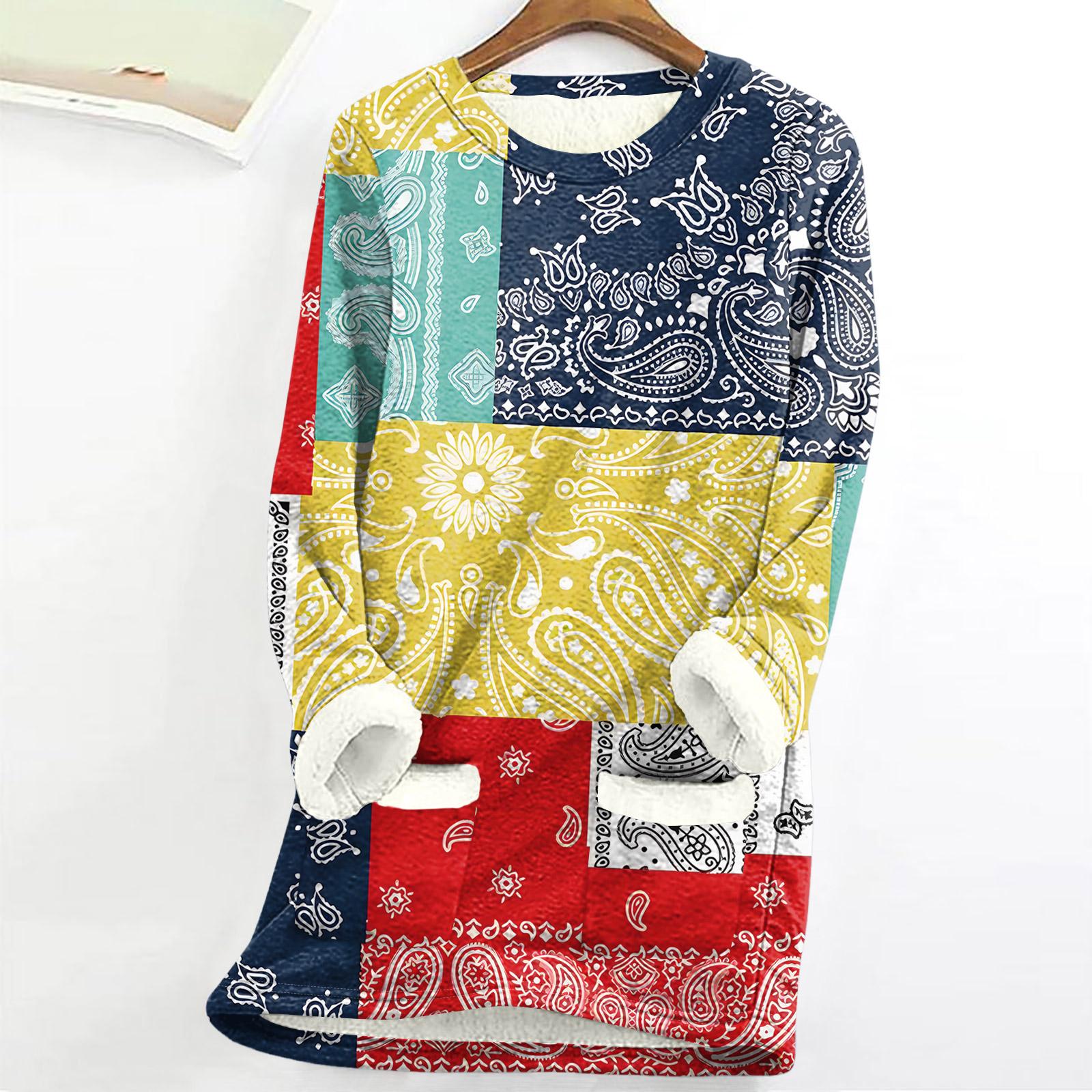 

Женский топ с круглым вырезом и принтом из утолщенного плюша и кашемира, теплый длинный топ XL