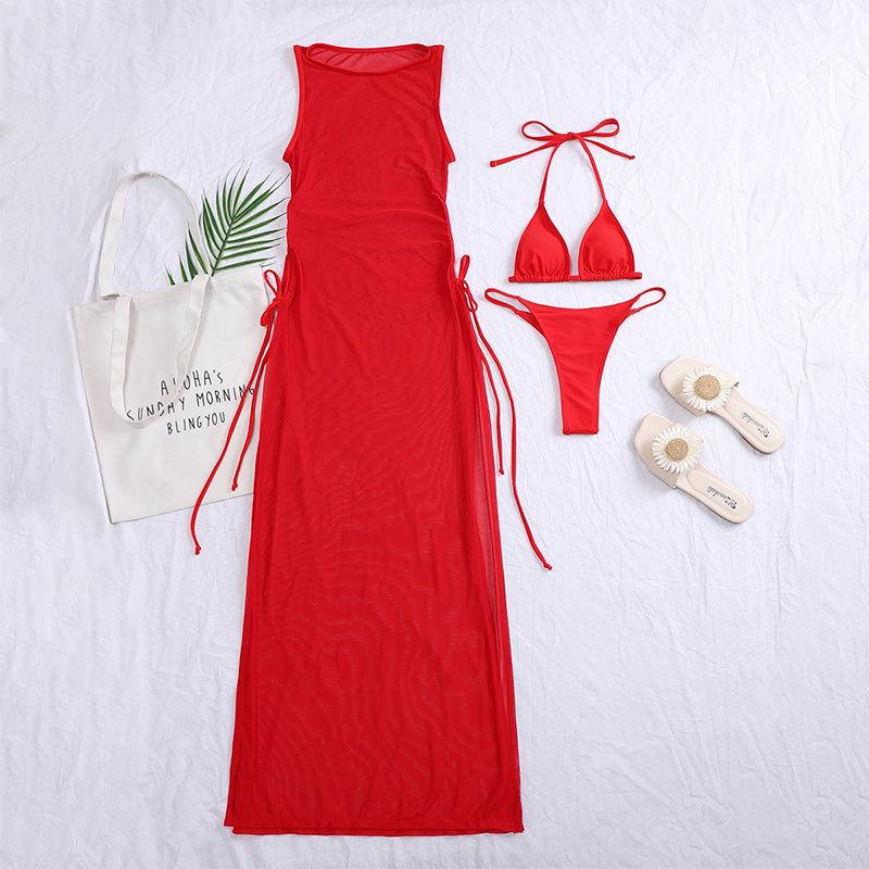 New Swimsuit Bikini Three-piece Sexy Multi-color Mesh Blouse Beach Swimsuit
