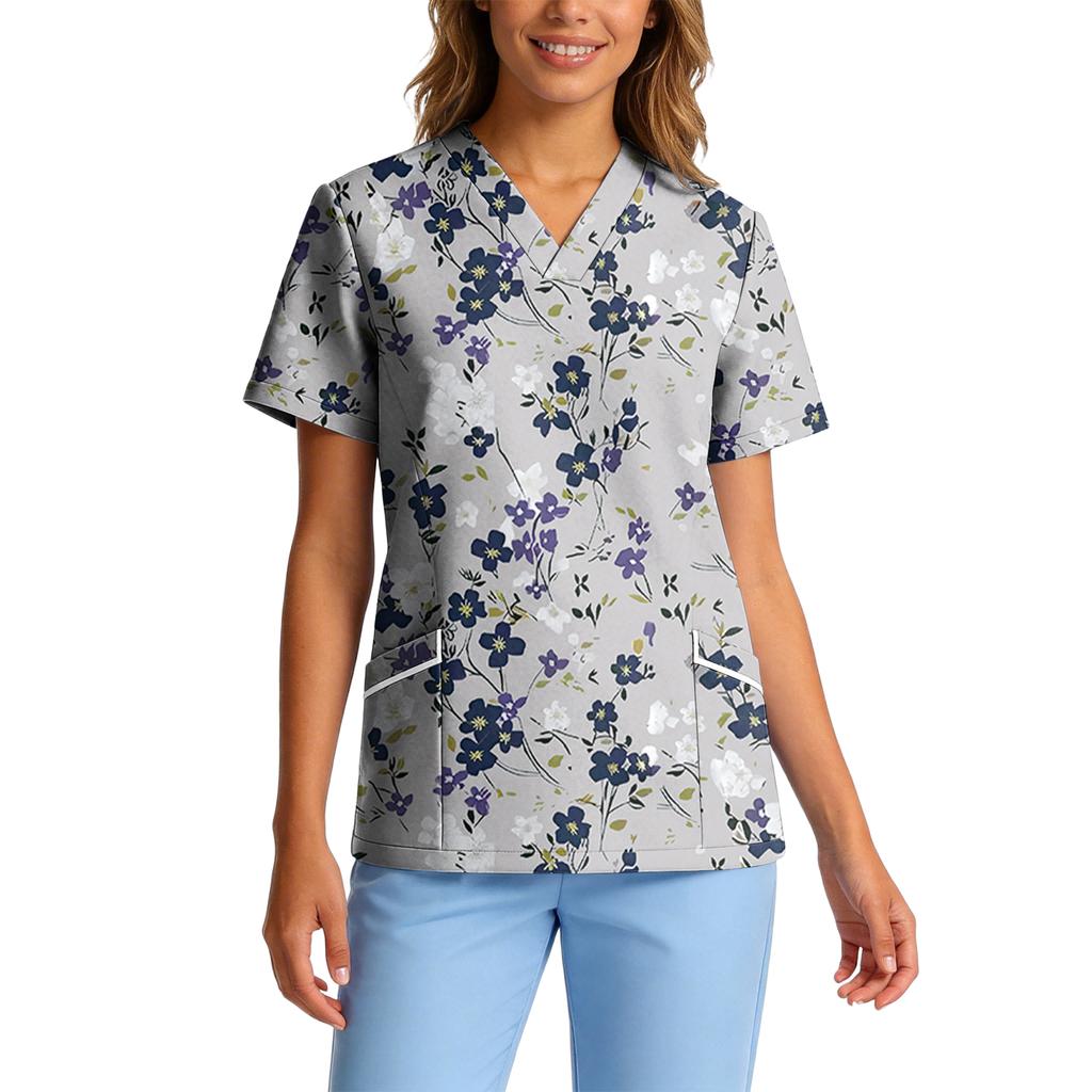 Bluză medicală de damă elastică, cu uscare rapidă, gât în V, mânecă scurtă, cu buzunare, imprimeu floral, uniformă