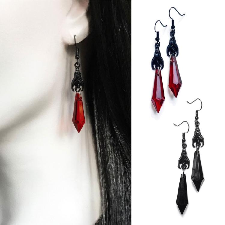 Fashion Pointed Red Gem Drop Earring for Women Crystal Black Bat Pendant Earring