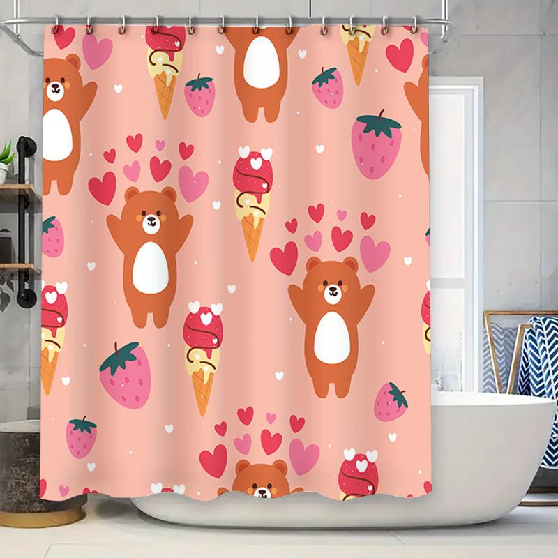 

Pink Cartoon Shower Curtain With Hearts And Bears For Bathroom Decoration Pink Polyester Shower Curtains W60H190(CM)-1 Pcs