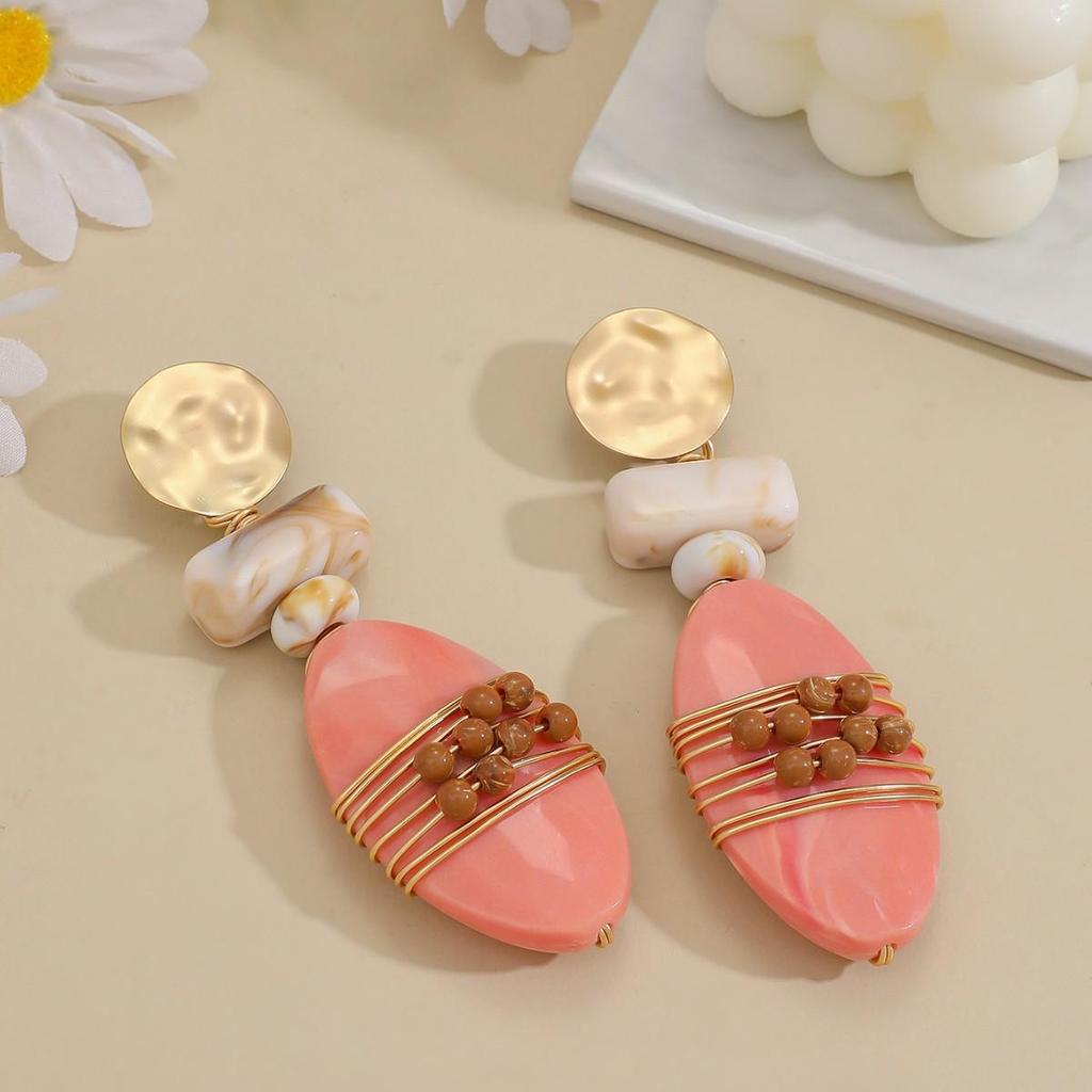 Vintage Maillard Style Pink 3D Geometric Beaded Handmade Wire Wrapped Earrings