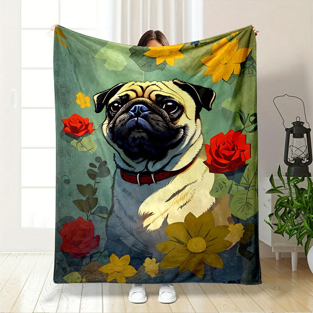 Pug with Vibrant Flowers for all seasons blanket lunch break throw gift