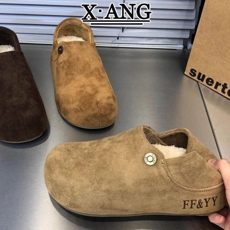 Cowhide version all-inclusive velvet warm lamb wool shoes, new autumn and winter one-pedal cotton shoes