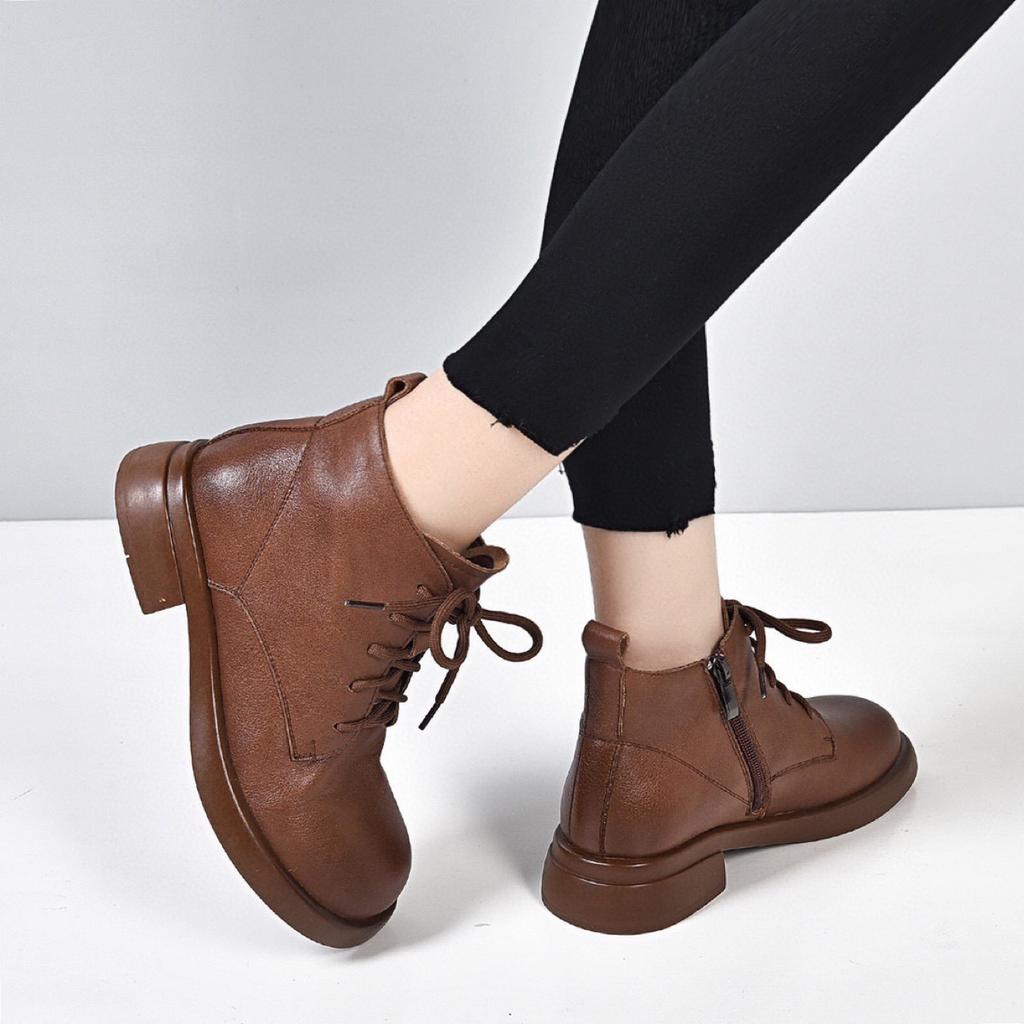 Martin boots flat leather soft-soled small short boots spring and autumn single boots round head and ankle boots velvet women's leather shoes
