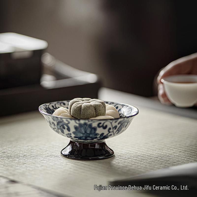 Blue & White Porcelain High-Footed Snack Plate for Desserts & Fruits