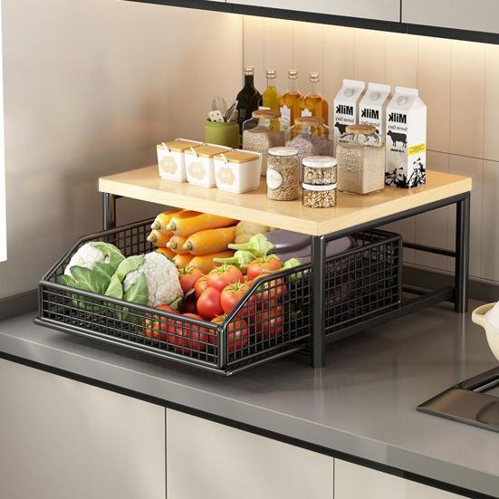 Kitchen Countertop Organizer Storage Shelf with Wire Basket Drawer Double-Tier Space-Saving Rack for Coffee Maker Spices Vegetables Fruits