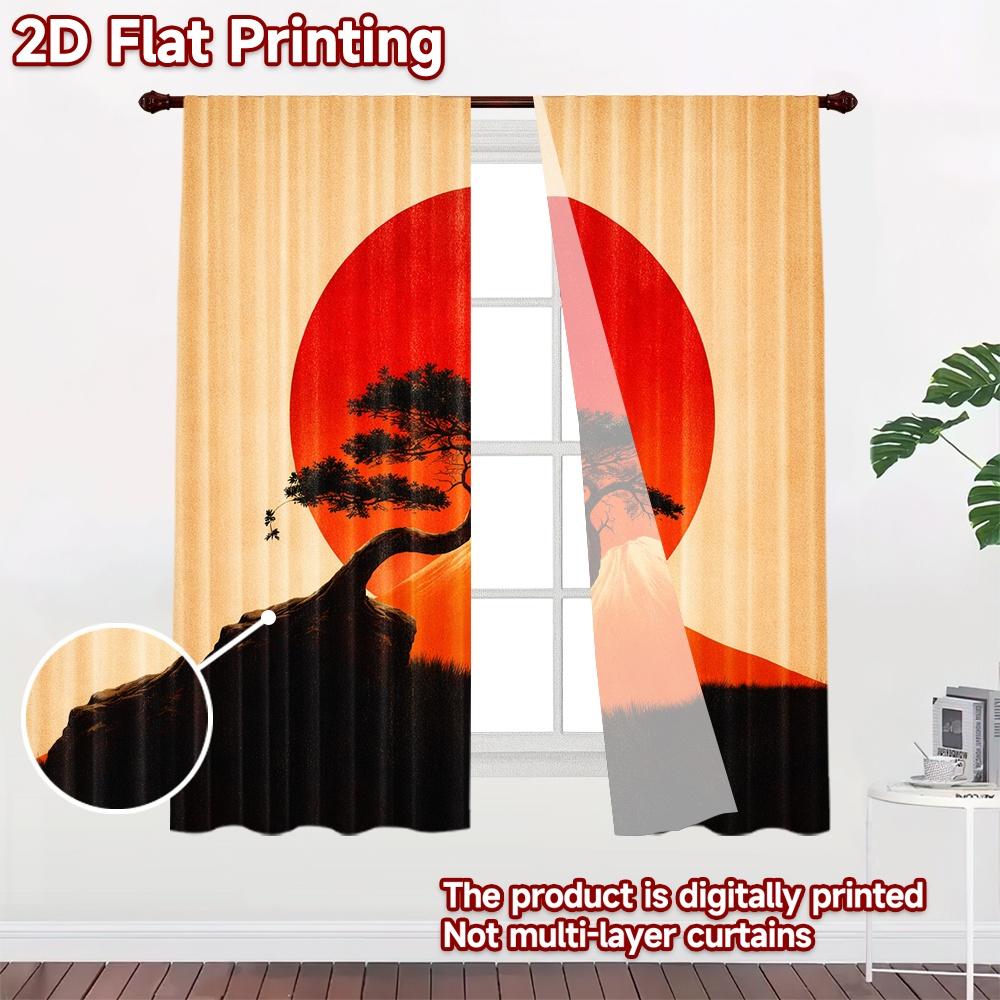2D Flat Printing 2pcs Curtain Party Curtain Sunset Over Mount Fuji Digital Printed Polyester Drapes Festive Curtains Perfect for