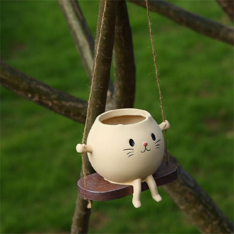 Creative Rocking Feline Planter Resin Swing Chair Design Decorative Flower Pot Fit for Modern Garden Weather Resistant